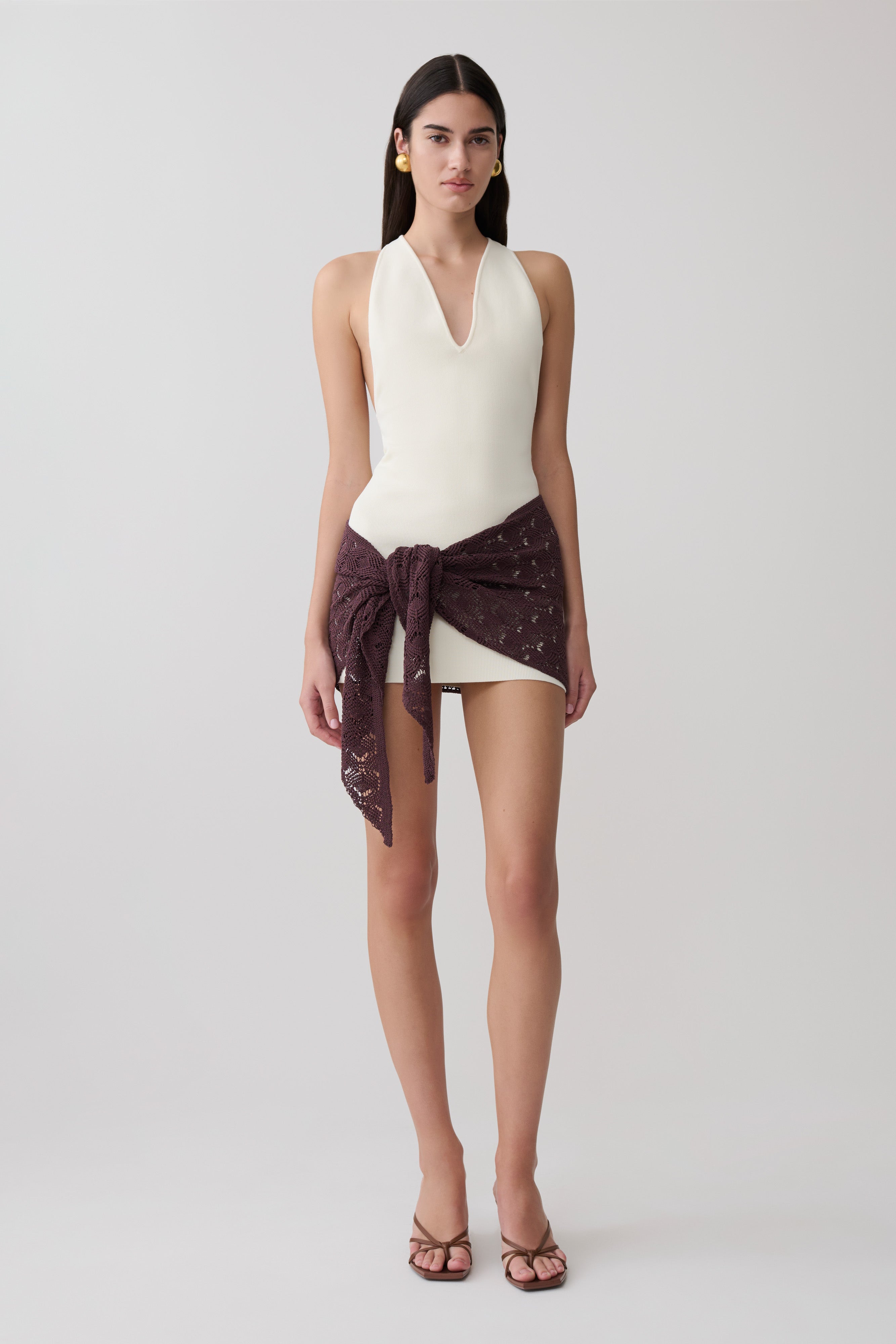 Mollie Mini Dress With Crochet Overlay - White & Chocolate