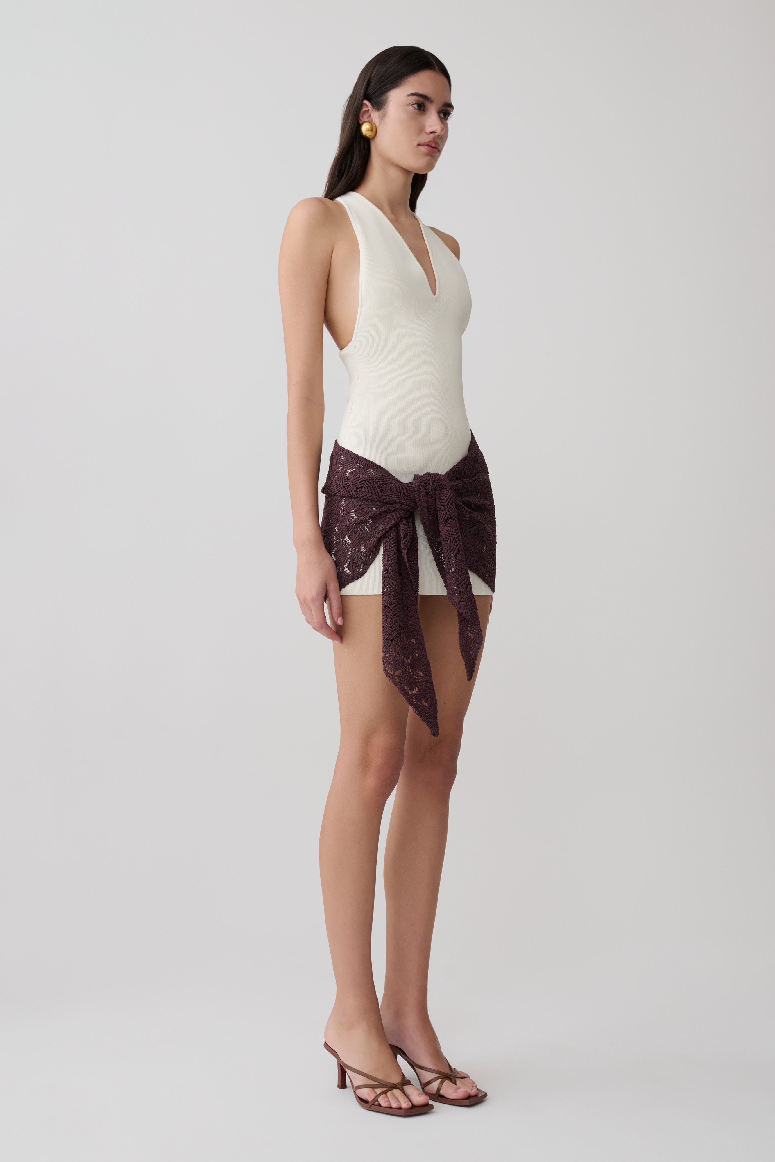 Mollie Mini Dress With Crochet Overlay - White & Chocolate